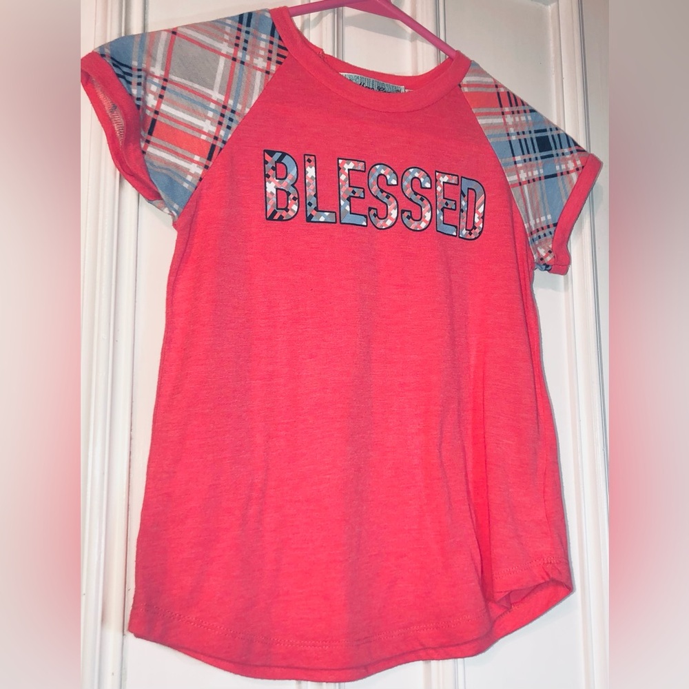 Blessed Graphic T-shirt Size 6-7Y with Plaid Pink Sleeves Southern Grace Brand
